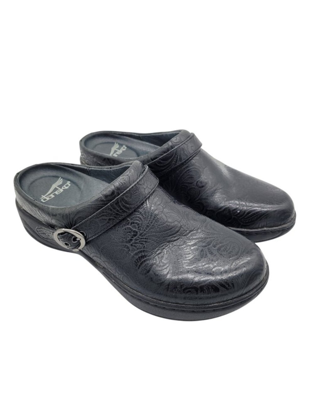 Dansko Allison Black Floral Embossed Leather Clogs Comfort Shoe Size 37 US 6.5-7